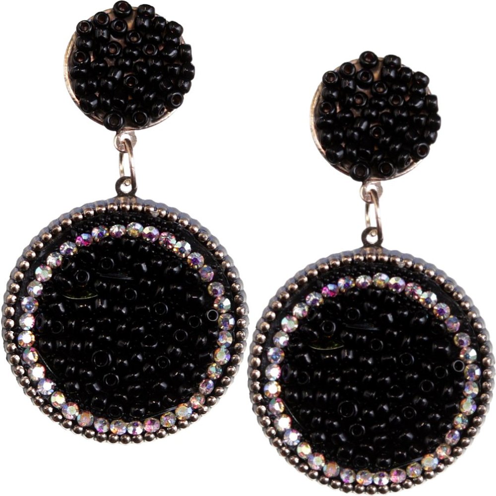 Black Seed Bead Round Flat Disc Earrings